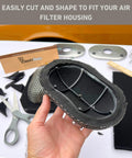 Hand holding Universal DIY Air Filter Foam Sheet with tools, showcasing custom fit for motorcycles, dirt bikes, classic cars air filters.