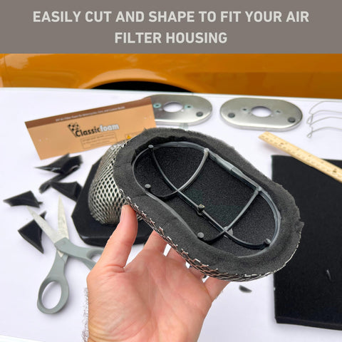 Hand holding Universal DIY Air Filter Foam Sheet with tools, showcasing custom fit for motorcycles, dirt bikes, classic cars air filters.