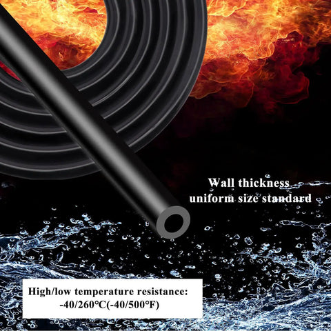 Premium Automotive Vacuum Hose Kit With 6.6 Feet High Temp Silicone Tubing In 3mm To 10mm Sizes For Serious Car Guys Doing DIY Engine Mods And Repairs Under The Hood, black hose close-up