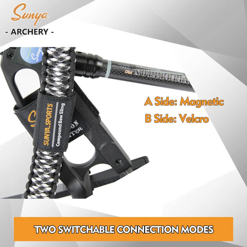 Paracord Compound Bow Sling With V2 Magnetic Connection lightweight hands free shoulder carrier, showing switchable magnetic and Velcro sides