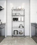 Beefy Heavy Duty NSF Solid Steel Wire Rack With 5 Adjustable Shelves 36 By 18 Inches, 75 Inch Tall Storage Unit in a kitchen.