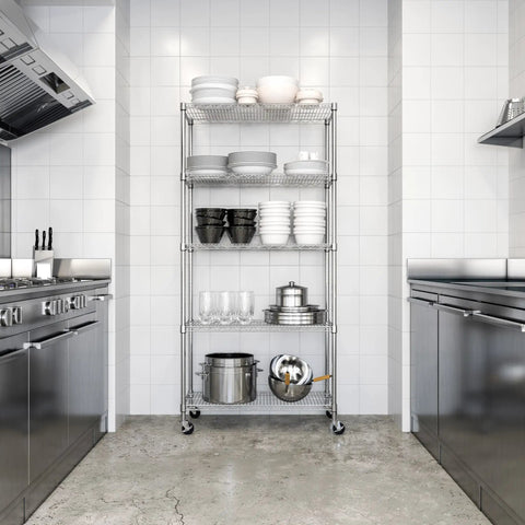 Beefy Heavy Duty NSF Solid Steel Wire Rack With 5 Adjustable Shelves 36 By 18 Inches, 75 Inch Tall Storage Unit in a kitchen.