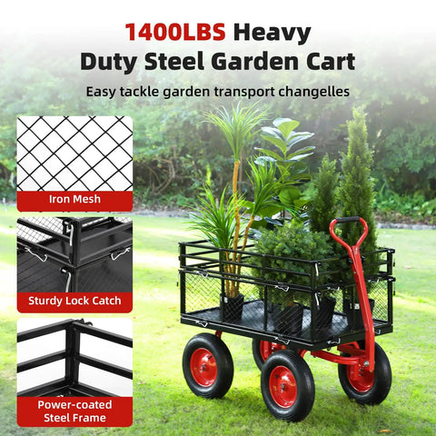 Heavy Duty 1400 Lb Steel Garden Dump Cart With Removable Mesh Panels 2 In 1 Handle 16 Inch All Terrain Wheels Multi Purpose Dump Wagon