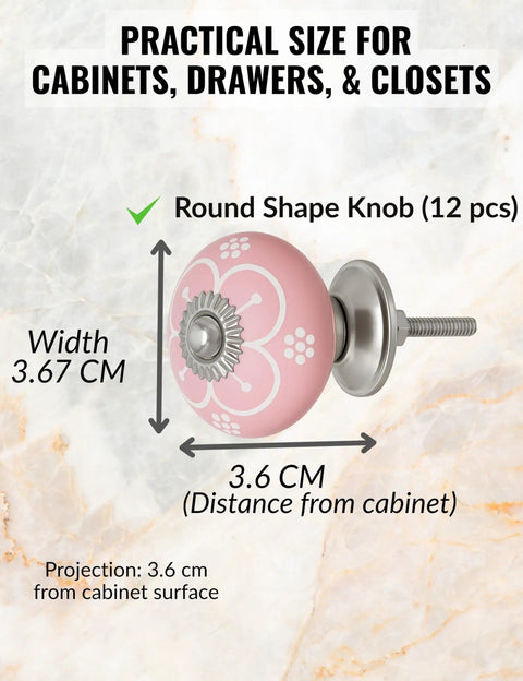 Pink Ceramic Drawer Knobs 12 Piece Set With Floral Cabinet Pulls, round design with 3.67 cm width, ideal for cabinets and drawers.