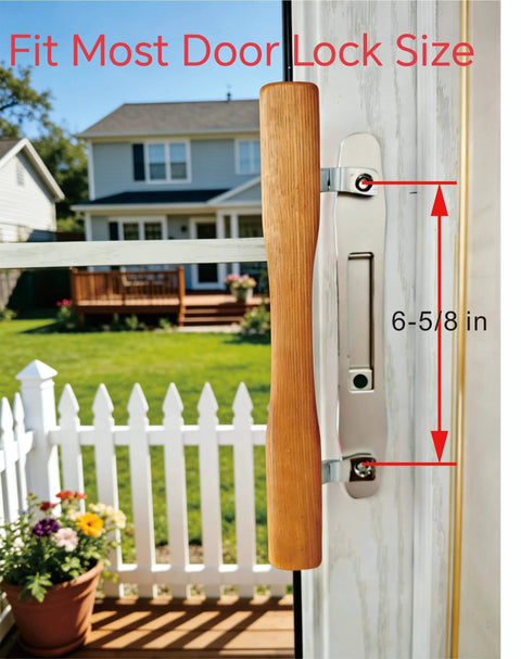 Natural Solid Wood Sliding Patio Door Handle With Ergonomic Curved Grip for 6-5/8 in doors, wooden handle shown installed on patio.