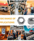 Collage of M2 0.4mm Nylon Insert Lock Nuts 304 Stainless Steel A2-70 with automotive, warehouse, and industrial scenes.