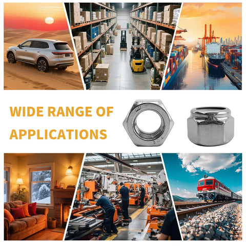 Collage of M2 0.4mm Nylon Insert Lock Nuts 304 Stainless Steel A2-70 with automotive, warehouse, and industrial scenes.
