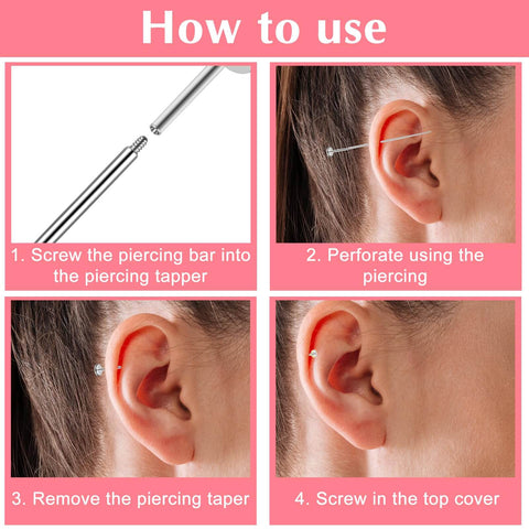 Step-by-step guide using Six Piece Piercing Kit With Ball Grabber Tool And 16G 18G Stainless Steel Tapers for ear piercing