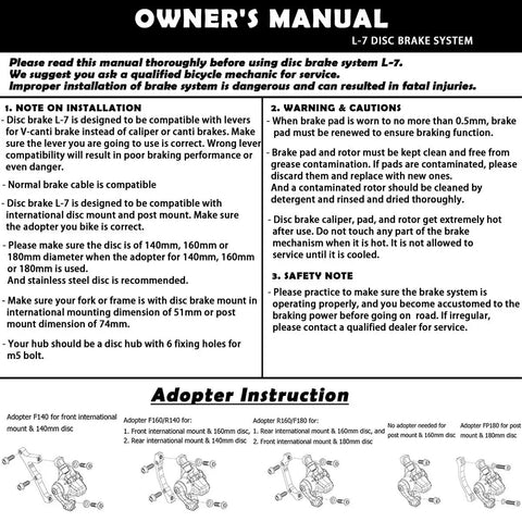 Owner's manual for L-7 disc brake system detailing installation instructions and safety precautions for users.