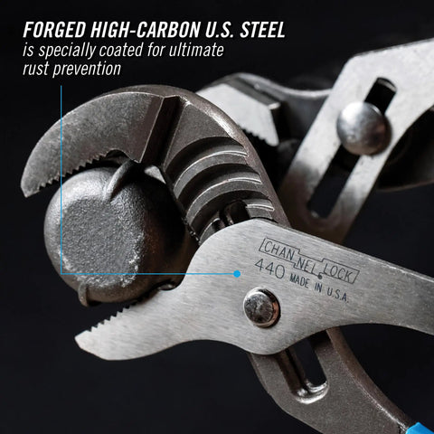 12 Inch Tongue And Groove Pliers With Straight Jaw For Boss Grip Laser Heat Treated Teeth shown gripping nut close-up