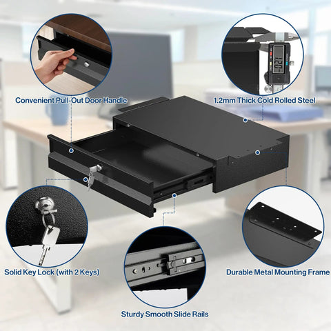 Heavy Duty Cold Rolled Steel Under Desk Drawer With Secure Lock And Slick Slide Out Tracks For Boss Level Paperwork And Tech Accessory Organization At Your Desk Station, featuring pull-out handle and locking mechanism.