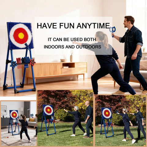 Axe Throwing Game For Backyard Set With Target Board, Eight Throwing Axes And Eight Stars in use indoors and outdoors, family playing