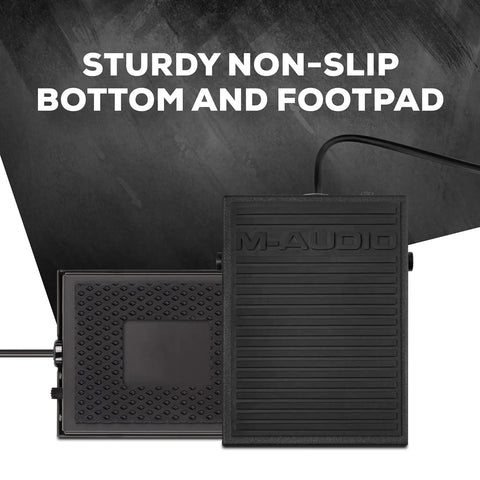 Universal Sustain Pedal For MIDI Keyboards And Digital Pianos With Polarity Switch showing non-slip bottom and footpad