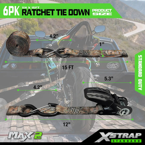 Heavy Duty One Inch Ratchet Tie Down Straps Four Pack With Integrated Soft Loops And A Killer Grip. Dimensions and features shown.
