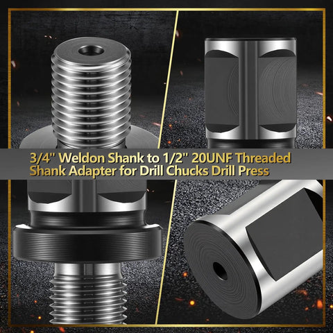 Two Pack 3/4 Weldon Shank To 1/2 Inch 20 UNF Threaded Drill Chuck Adapter featuring steel construction for magnetic drills.