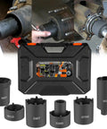 Six Piece Spindle Nut Socket Set With One Half Inch Drive For Ford F250 F350 Dana Axles Toyota GM Chevy Dodge Spindle Lock Nut Removal And Installation Kit Lug Out Tool displayed with carrying case and sockets for various truck models.