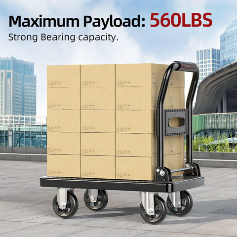 Foldable Push Cart Platform Cart With 360 Degree Swivel Wheels No-Fuss Heavy-Duty Hand Truck loaded with boxes outdoors