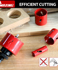 Heavy Duty Workhorse Bi Metal Hole Saw Kit and Hole Cutter Set with 26 Pieces of Durable Drilling Blades on wood surface.