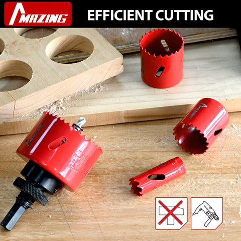 Heavy Duty Workhorse Bi Metal Hole Saw Kit and Hole Cutter Set with 26 Pieces of Durable Drilling Blades on wood surface.