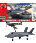 Then And Now Spitfire And F 35B Lightning II Plastic Model Kit with both aircraft assembled, 1:72 scale box front view.