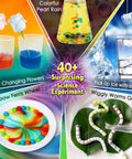 Hands On Science Kit With 40 Plus Experiments For Kids featured with colorful experiments like rainbow wheel and wiggly worms.