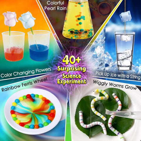 Hands On Science Kit With 40 Plus Experiments For Kids featured with colorful experiments like rainbow wheel and wiggly worms.