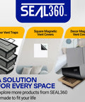 SEAL360 vent covers and traps including floor vent traps, square and decor magnetic vent covers displayed in a home setting.