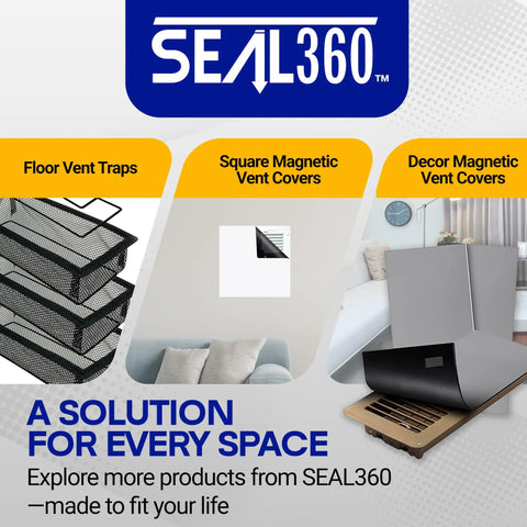 SEAL360 vent covers and traps including floor vent traps, square and decor magnetic vent covers displayed in a home setting.