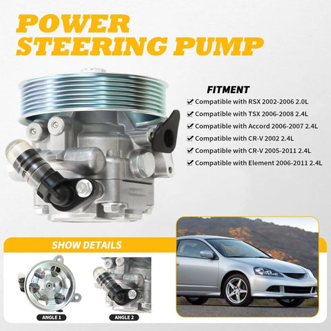 Power Steering Pump With Pulley For Honda Accord 2006 2007 CR V 2002 2011 RSX 2002 2006 TSX 2006 2008 Element 2006 2011 Fits 2 4L And 2 0L Engines Replaces OEM Part And Ready To Roll