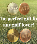 Personalized Golf Ball Marker Set Of 2 In Solid Brass And Copper With Knurled Edges Engrave Up To 20 Characters Durable American Made Metal Perfect Golf Gifts For Men Customizable Ball Markers For Serious Players shown on grass with 'ATB' engraving.