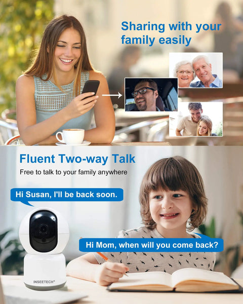 Woman using 4MP Wireless Indoor Security Camera For Busy Homes With 355 Degree Pan And 90 Degree Tilt, Two Way Talk feature.
