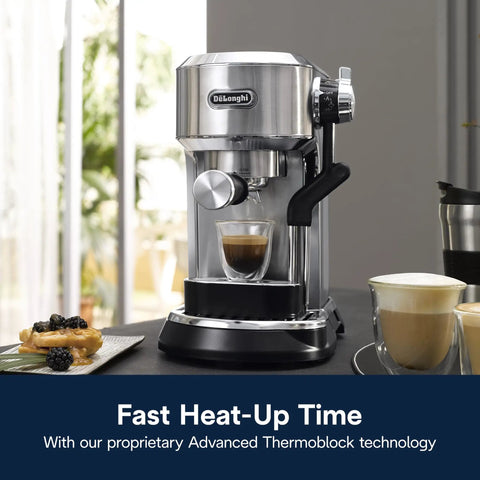Top Shelf Compact Espresso Machine With Automatic Steam Wand Three Brew Temps Milk Foam Settings Dishwasher Safe Parts 15 Bar Pressure Stainless Steel Design That Hits Different on countertop with brewed espresso and pastries.
