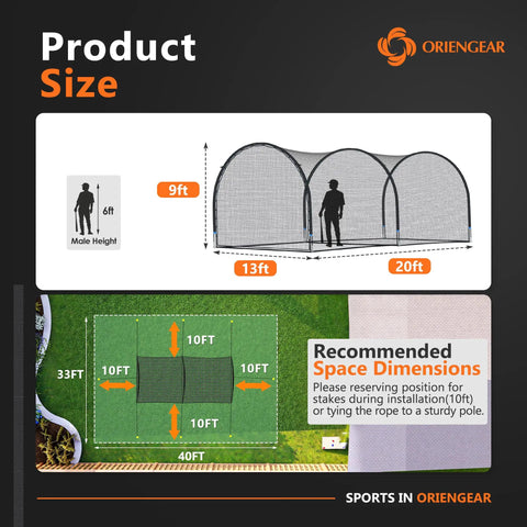 Diagram of Backyard Baseball And Softball Batting Cage 20 ft long, 13 ft wide, 9 ft high with size and space dimensions