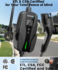 Level 2 EV Charger With NEMA 14-50 Plug 32A 25Ft Cable Portable 208V 240V EVSE for home use, close-up view showing certifications.
