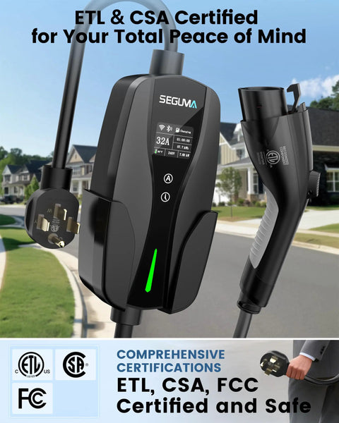 Level 2 EV Charger With NEMA 14-50 Plug 32A 25Ft Cable Portable 208V 240V EVSE for home use, close-up view showing certifications.