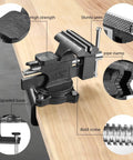 Beefy Heavy Duty Bench Vise Four And A Half Inch Table Vise With Two In One Soft Jaws And A 270 Degree Swivel Base For Woodworking Home Workshop Welding And DIY Projects Clamps To Table Or Attaches To Your Workbench. 4.5-inch vise mounted on a table with pipe clamp and textured jaws