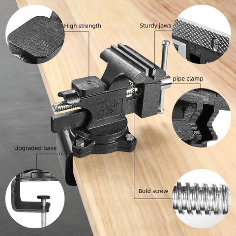 Beefy Heavy Duty Bench Vise Four And A Half Inch Table Vise With Two In One Soft Jaws And A 270 Degree Swivel Base For Woodworking Home Workshop Welding And DIY Projects Clamps To Table Or Attaches To Your Workbench. 4.5-inch vise mounted on a table with pipe clamp and textured jaws