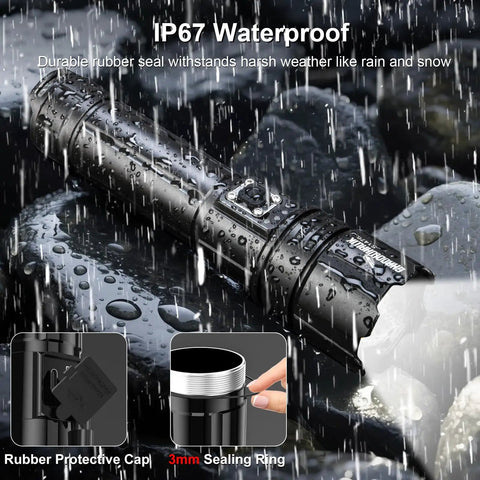 Beast Bright 10000 Lumen Flashlight Rechargeable 30W USB-C Handheld LED Light showcasing waterproof feature in rain