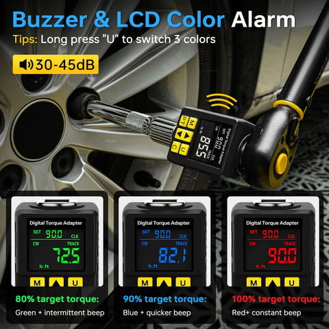 Half Inch Drive Digital Torque Adapter With Color Display And Alerts 1 Percent Accuracy 12.5 To 250 FtLb Range Peak And Track Modes