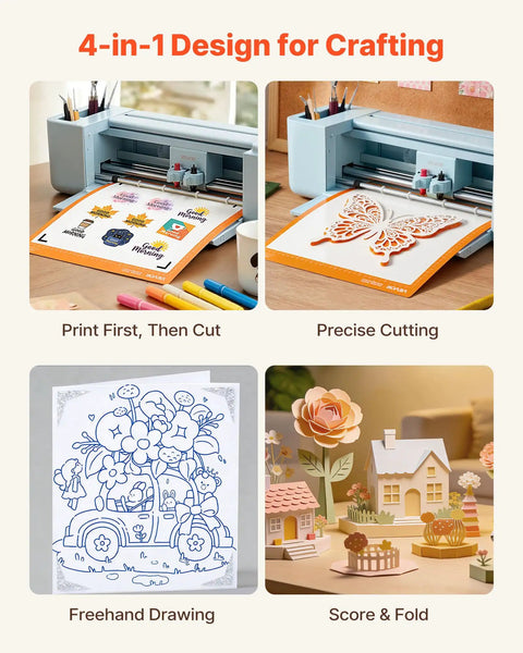 4-in-1 design showcasing the 12 Inch Vinyl Cutting Machine with print, cut, draw, and fold features for crafting.