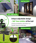 Solar Spotlight 40 LED Outdoor Lights USB And Solar Powered with wall and ground installation options, illuminating garden path.