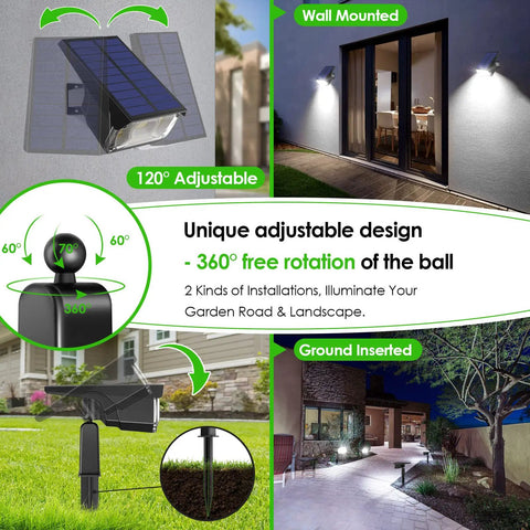 Solar Spotlight 40 LED Outdoor Lights USB And Solar Powered with wall and ground installation options, illuminating garden path.
