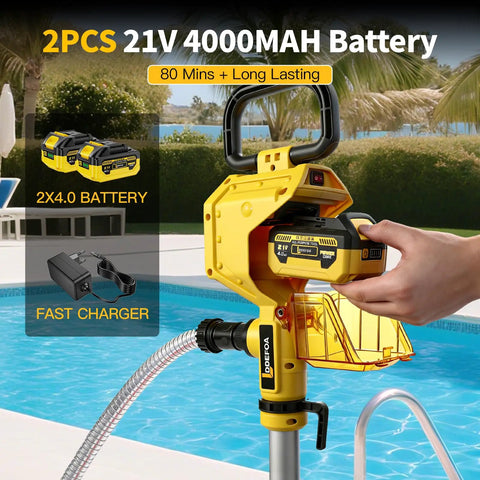 Cordless Stick Water Transfer Pump With 21V Battery And Fast Charger in use by a pool, highlighted features and design