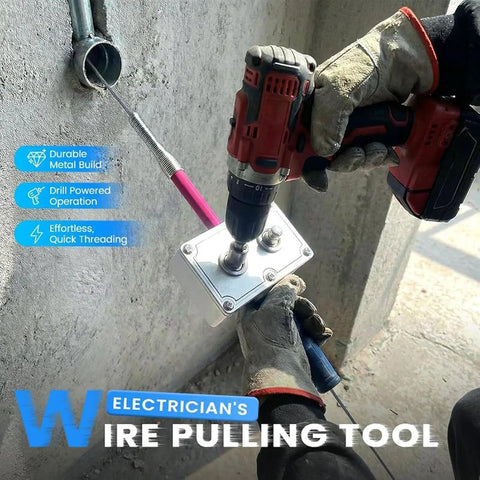 Rugged Drill Powered Wire Puller For Tight Conduits And Smooth Cable Threading With Portable Handheld Setup shown in use, clamped to a drill.