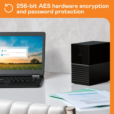 Ridiculous Capacity 20TB External Hard Drive Desktop RAID Rig With Password Lockdown Auto Backup Features And USB 3.1 Ports for secure data storage next to a laptop.