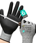 A3 Cut Resistant Work Gloves For Men And Women With Touchscreen Foam Nitrile Coating gripping a sharp knife, 6 pairs pack.