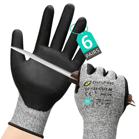 A3 Cut Resistant Work Gloves For Men And Women With Touchscreen Foam Nitrile Coating gripping a sharp knife, 6 pairs pack.