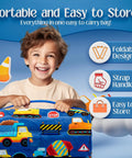 Child holding Construction Theme Nap Mat for Preschoolers and Toddlers Cozy Soft Non Toxic Fabric with Pillow and Blanket Easy to Clean