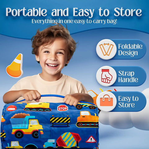 Child holding Construction Theme Nap Mat for Preschoolers and Toddlers Cozy Soft Non Toxic Fabric with Pillow and Blanket Easy to Clean