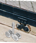Sliding Door Track Roller Set For Heavy Duty Industrial And Home Use Replacement Steel Barn Door Wheel shown on tracks